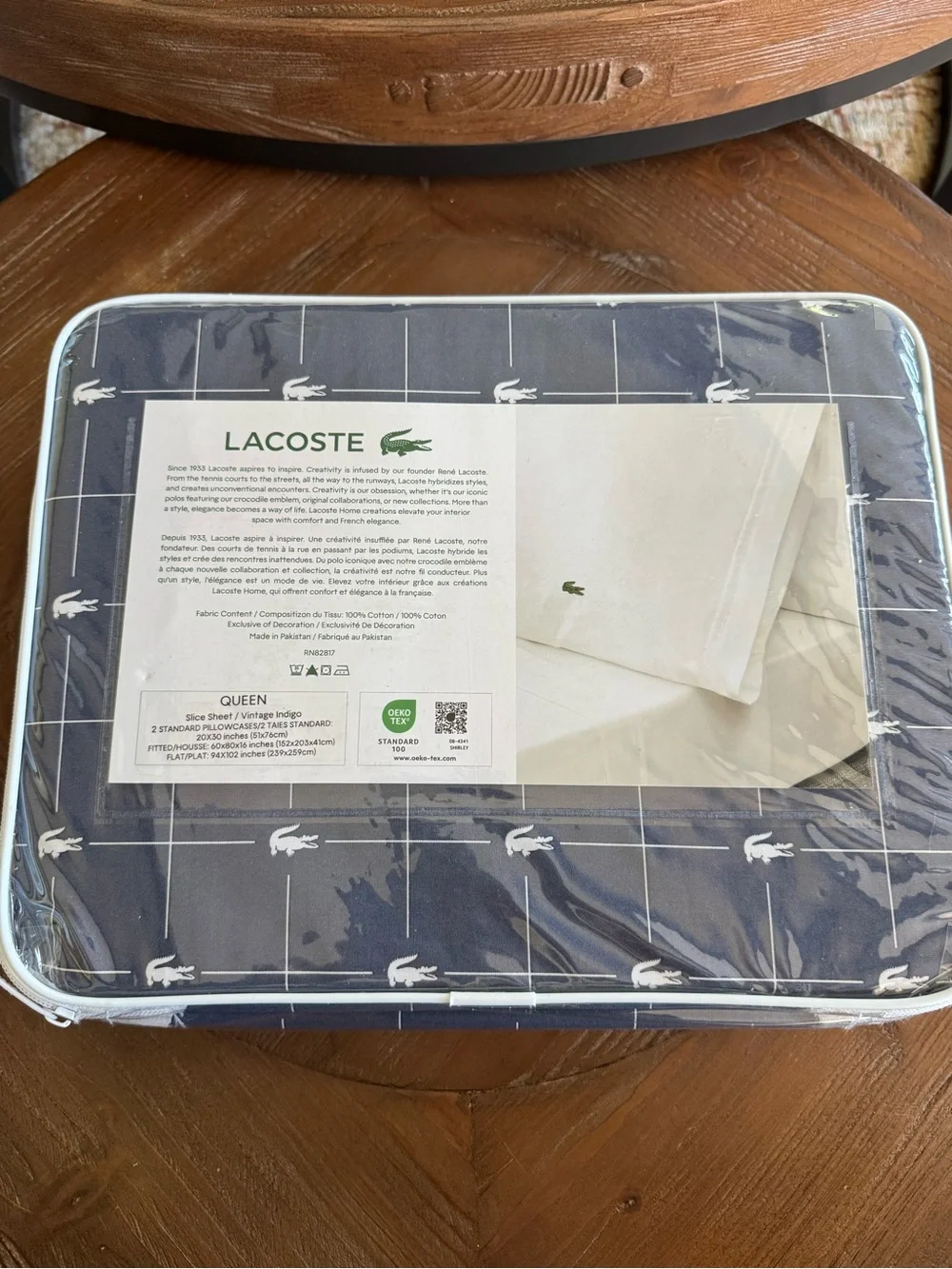 Lacoste Navy Grid & Crocodile Motif Queen Sheet Set